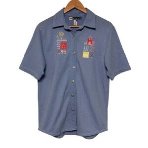 BLAST Vintage Light Blue Gardening Embroidered Button Down Shirt Size S